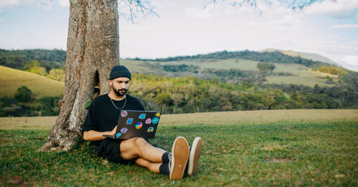 A young man sitting under a tree, working on a laptop in a serene meadow setting.