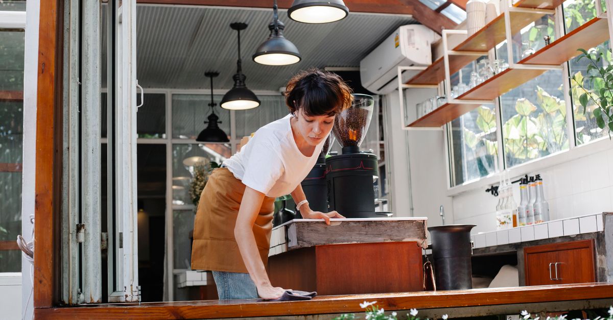 Young waitress in casual outfit and apron standing in modern cafe and washing wooden counter in daylight
