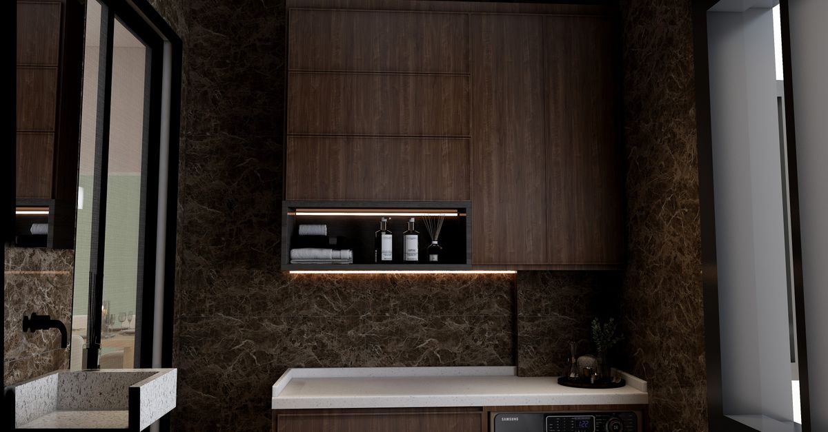 Stylish laundry room featuring wood cabinetry and elegant lighting.