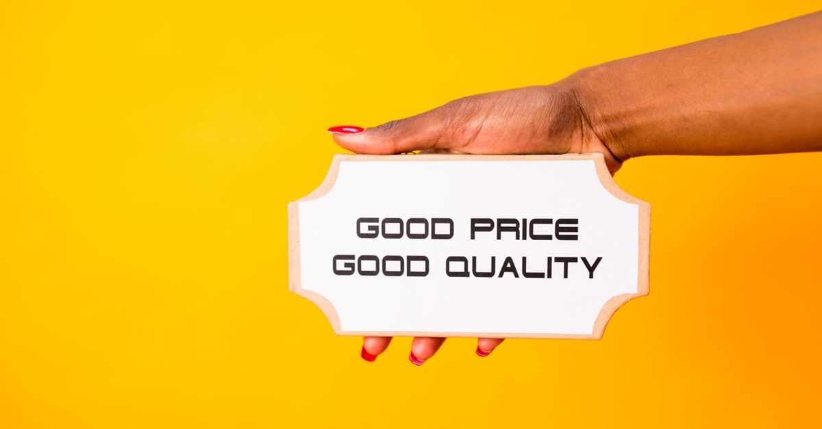 A hand holding a sign with 'Good Price Good Quality' against a vibrant yellow background.
