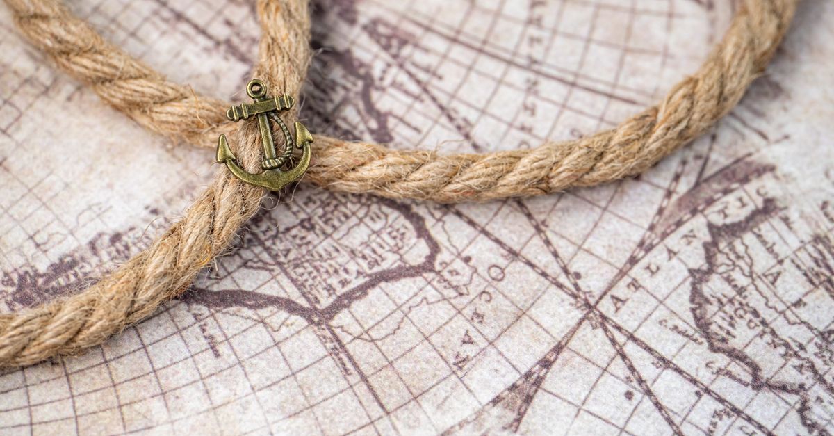 A vintage map with a nautical theme, featuring a rope and anchor symbolizing exploration.