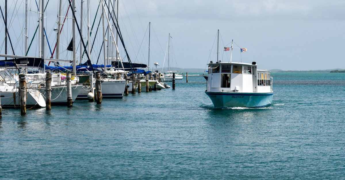 Ferry boat cruising near yachts in beautiful Fajardo marina, Puerto Rico.