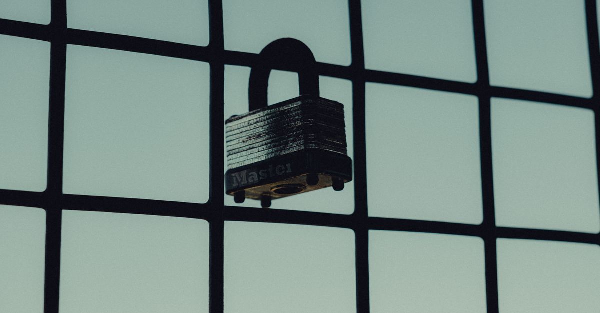 Close-up of a steel padlock on a mesh fence, symbolizing protection and security.