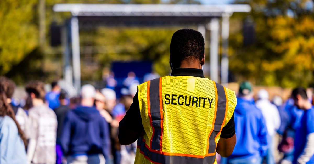 A security guard monitors a crowd at an outdoor event, ensuring safety and order.