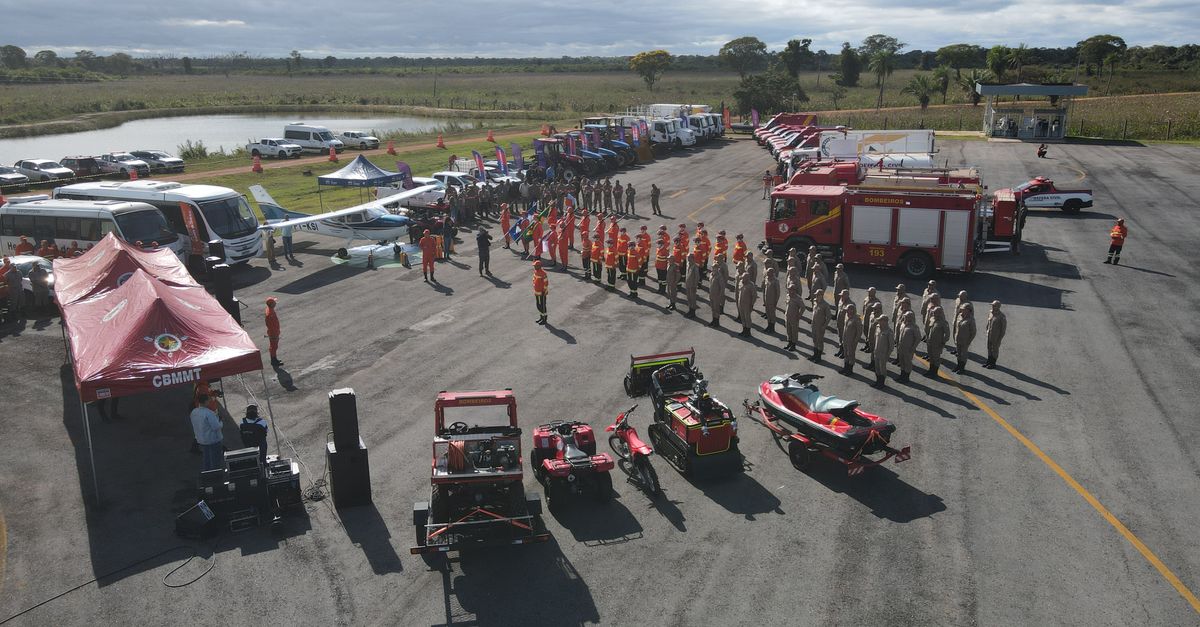 Aerial view capturing a firefighter training event with personnel and equipment.