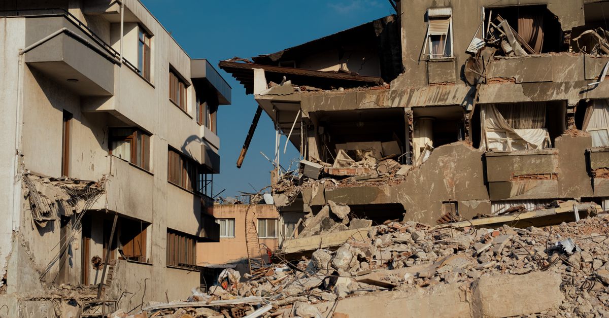Damaged buildings from earthquake in Antakya, Turkey. Structural collapse and debris.