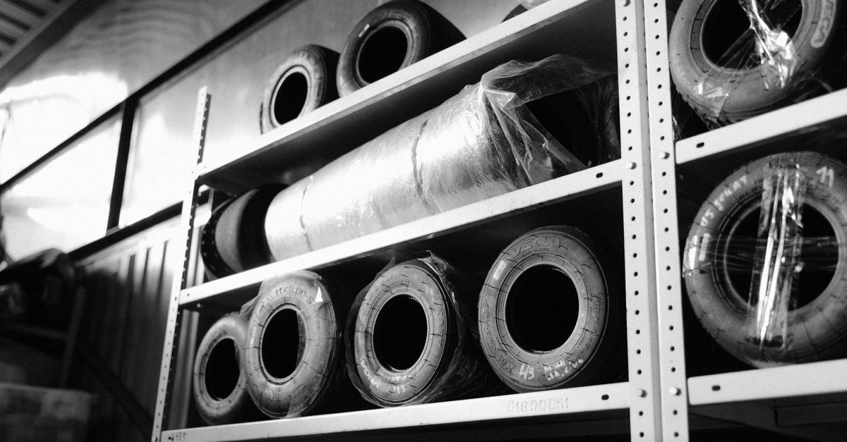 Black and white image of racing tires stored on metal shelves in a warehouse.