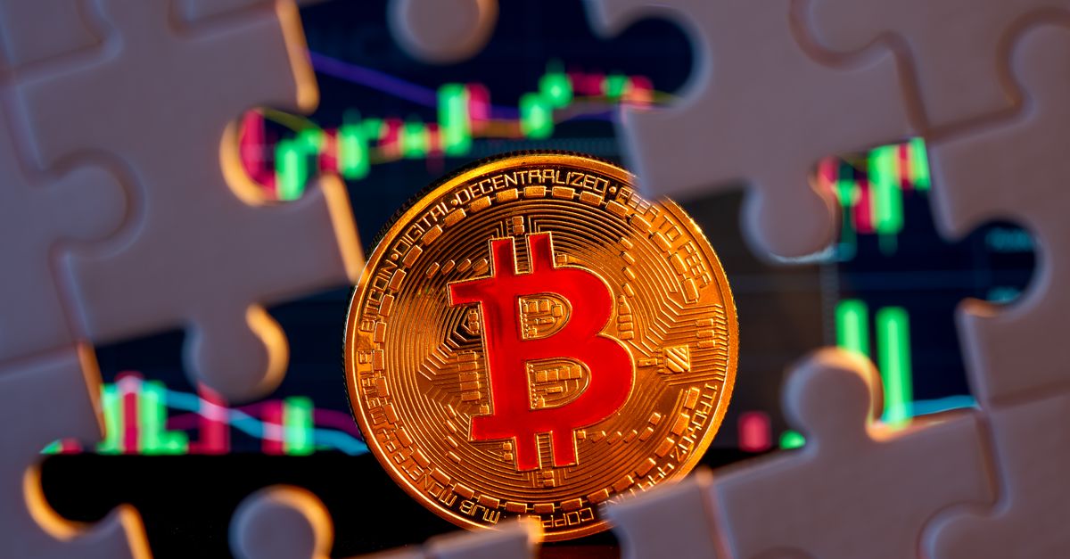 Gold Bitcoin on stock market graph background with puzzle pieces, symbolizing financial strategy.