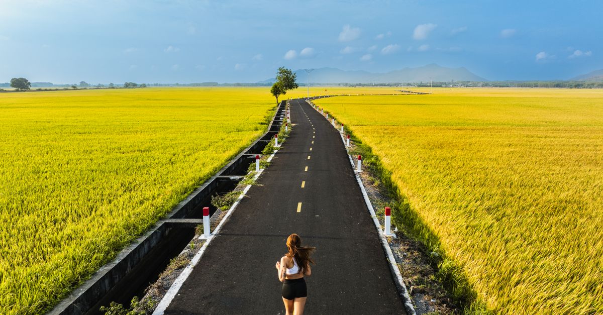 A woman jogs on a long, scenic road through open fields under a clear blue sky.