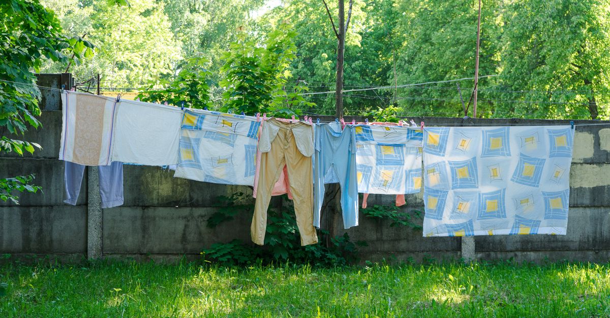 Vibrant clothes and sheets drying on a line outside surrounded by lush greenery.