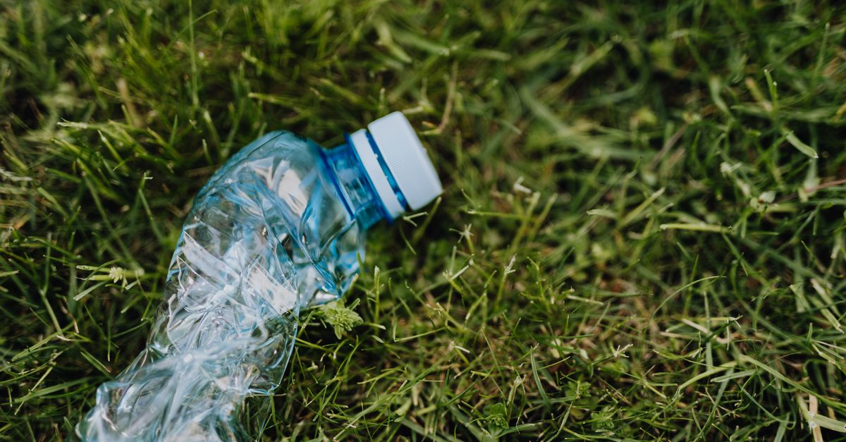 From above of blue crumpled plastic bottle thrown on green park lawn on sunny summer day