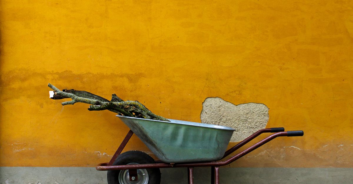 A wheelbarrow filled with logs rests by a bright, textured wall in Augsburg, Germany.