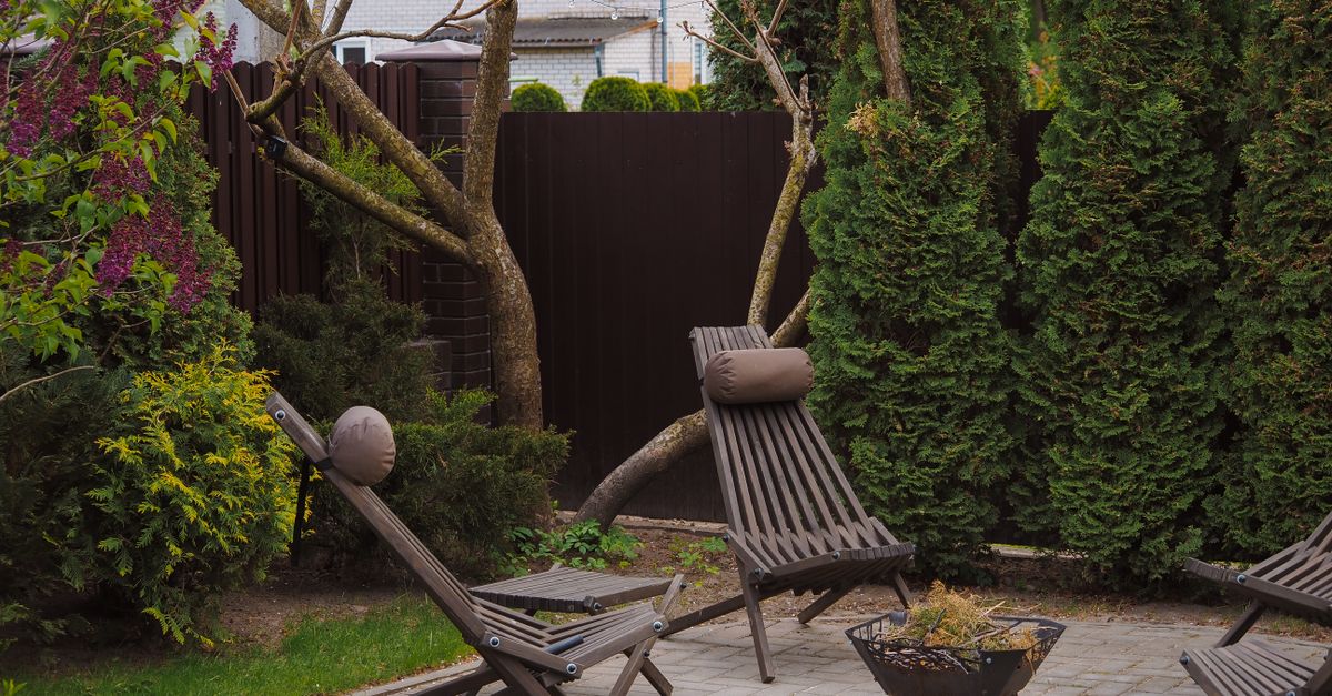 Cozy backyard featuring wooden lounge chairs and lush greenery, perfect for relaxation.