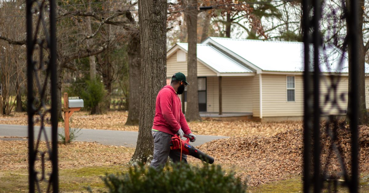 A man cleans fallen leaves with a blower in a residential neighborhood during autumn.
