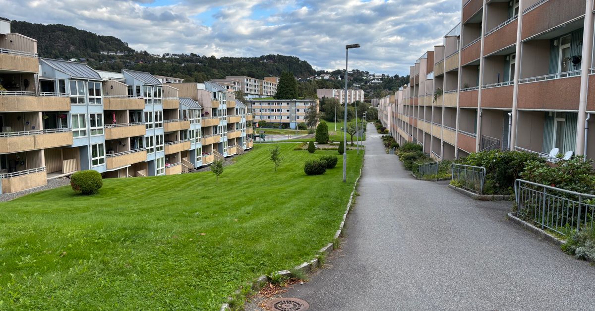 View of residential buildings in a serene neighborhood in Bergen with lush greenery and cloudy sky.