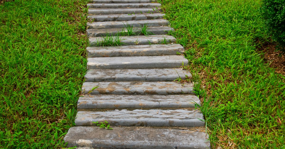 A stone walkway amidst vibrant green grass, showcasing a serene outdoor path.