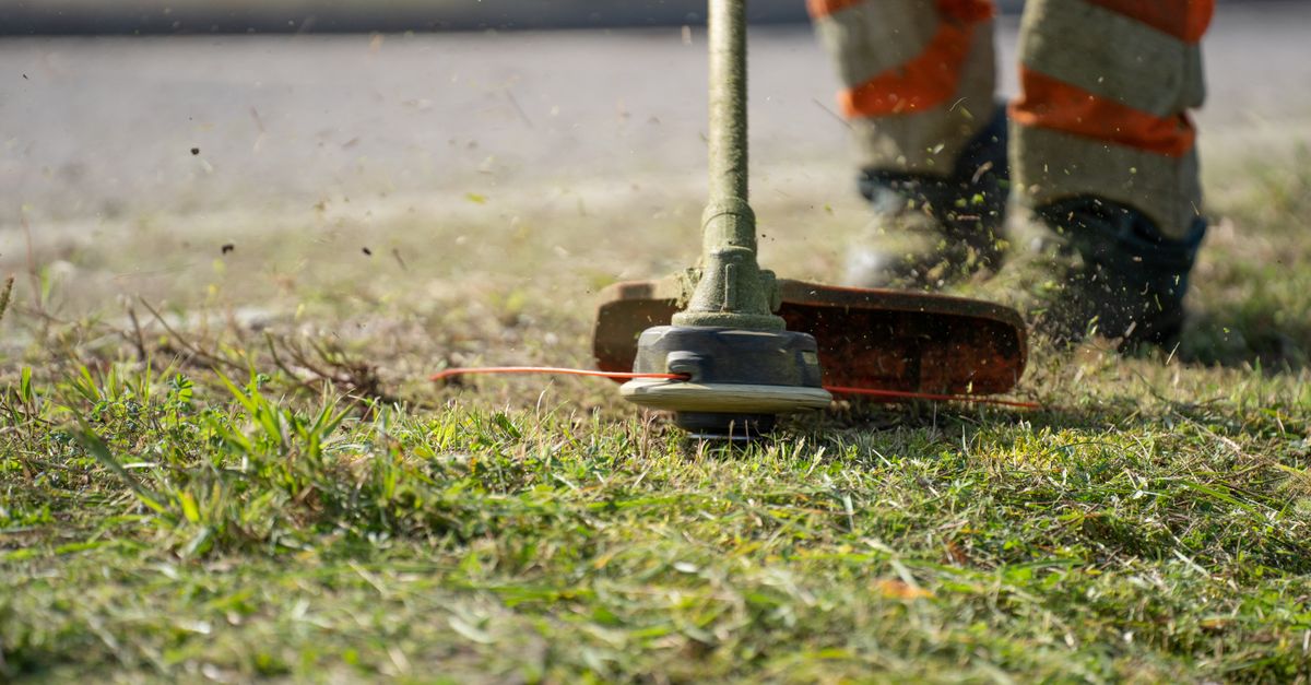 Close-up of a person trimming grass with a power tool outdoors.