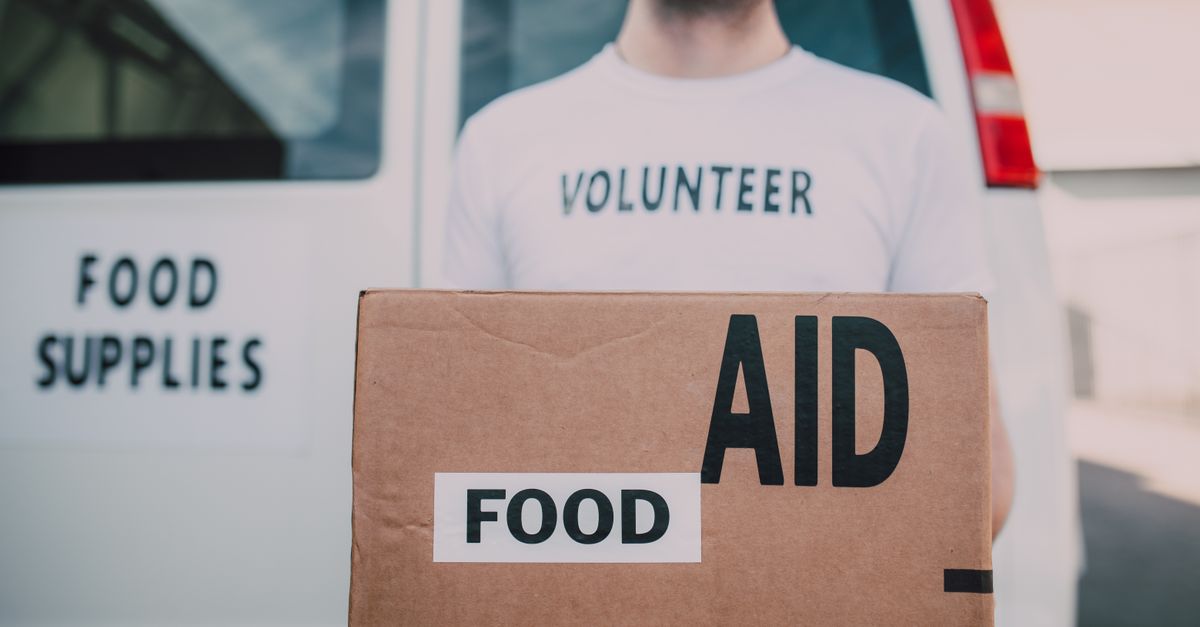 Smiling volunteer holding a box labeled 'Food Aid' outside a van with 'Food Supplies' sign.