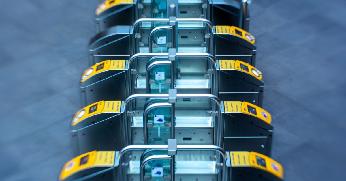 Elevated view of subway turnstiles showing modern transportation infrastructure.