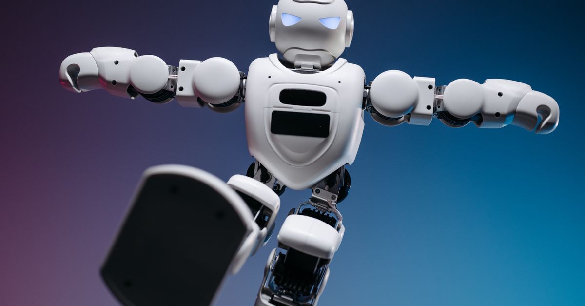 Close-up of a humanoid robot in motion, showcasing modern robotics innovation.