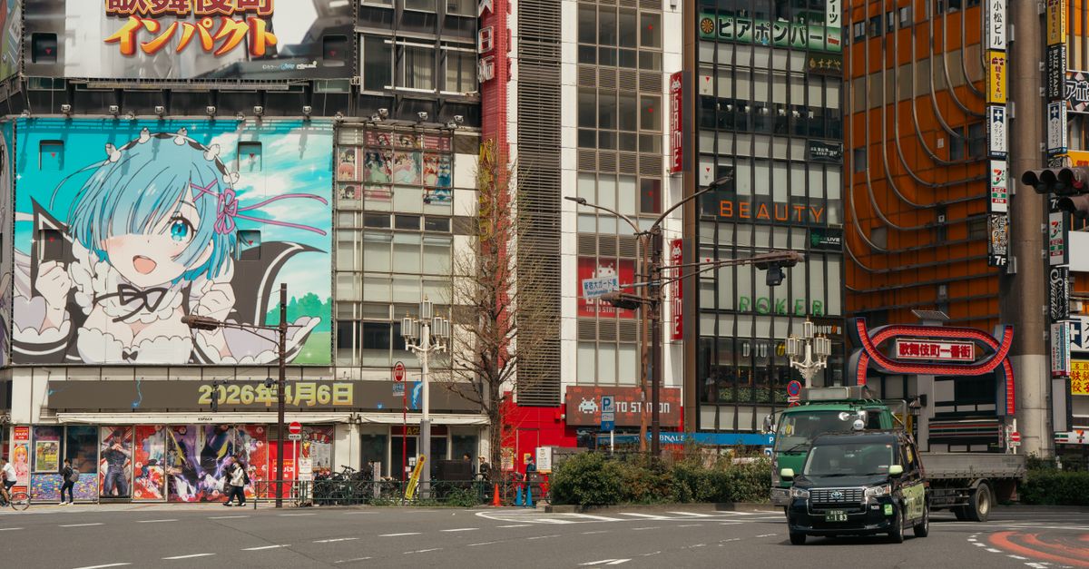A colorful cityscape of Shinjuku, Tokyo, featuring anime street art and urban life.