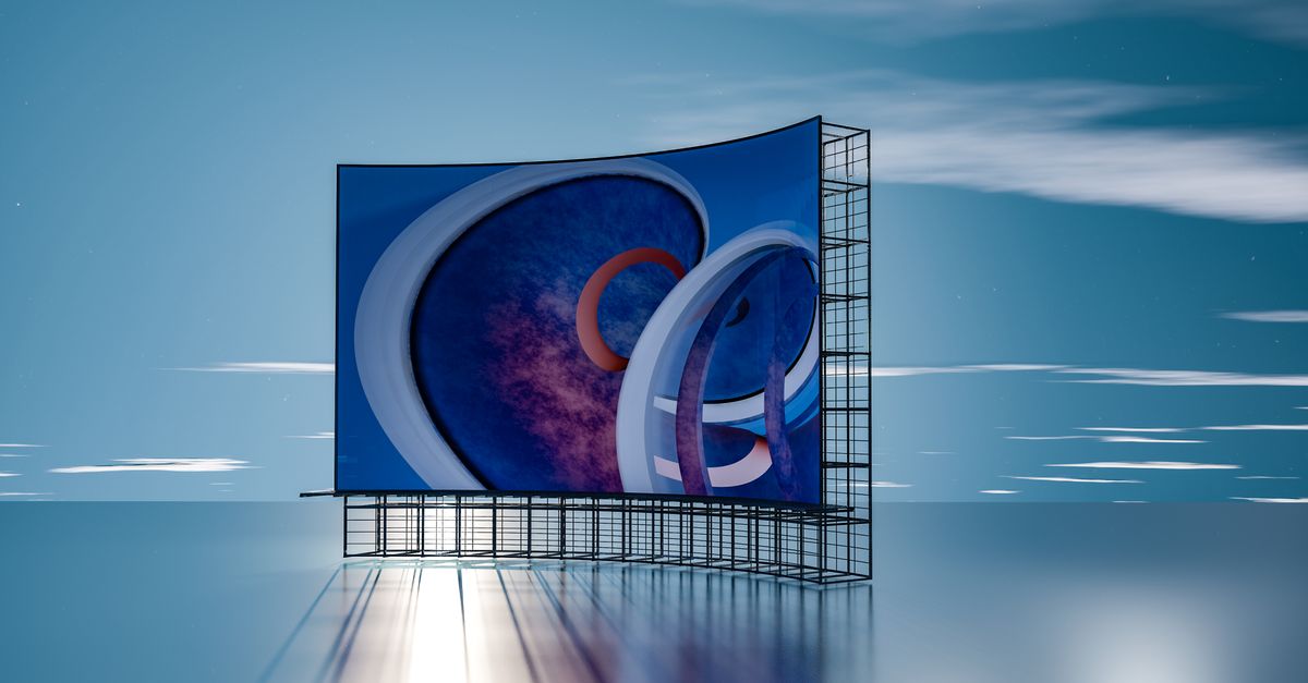 3D abstract digital display with curved shapes against a serene water and sky background.
