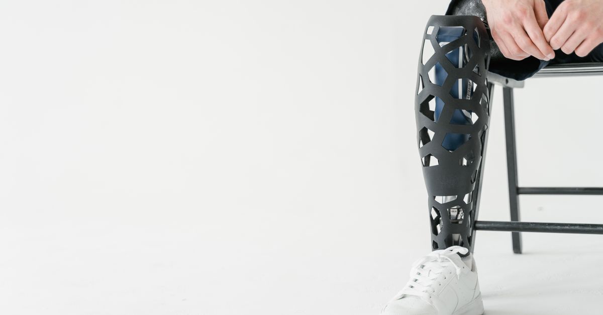 Close-up of a modern 3D-printed prosthetic leg design, showcasing advanced technology and innovation.