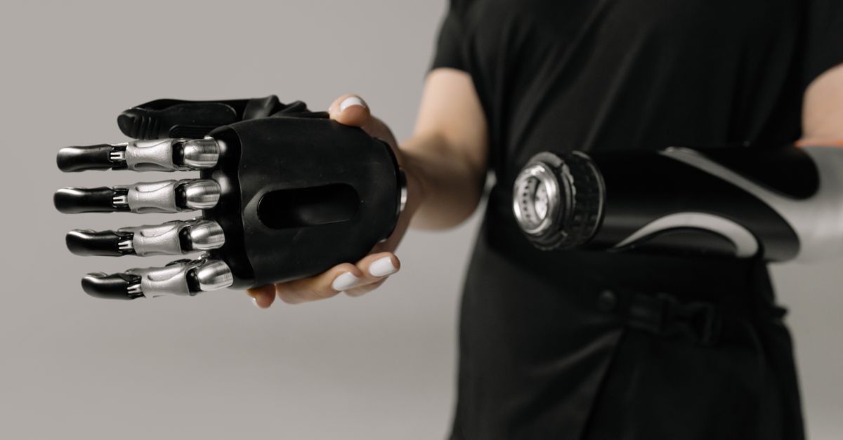 A detailed view of a prosthetic arm and hand, showcasing modern assistive technology.