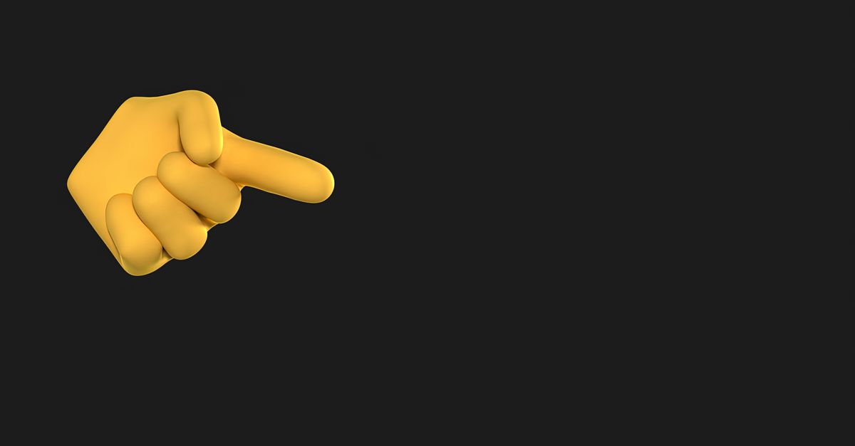 A 3D rendered image of a yellow hand pointing right on a black background.