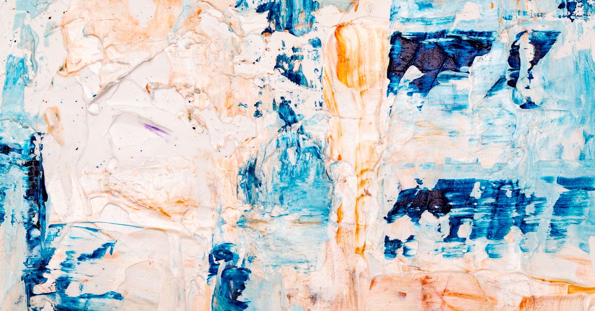 Colorful abstract acrylic painting with blue and orange textures on canvas.