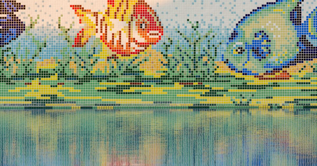 Vibrant mosaic art depicting fish above a reflective water surface.