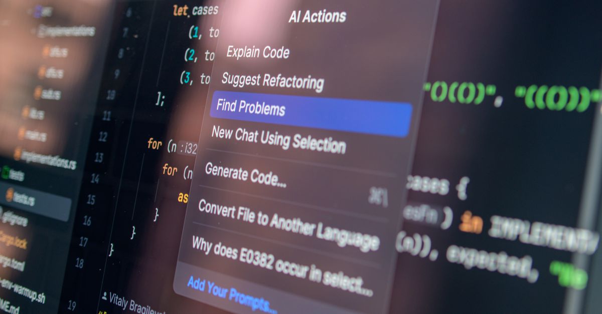 Close-up of AI-assisted coding with menu options for debugging and problem-solving.