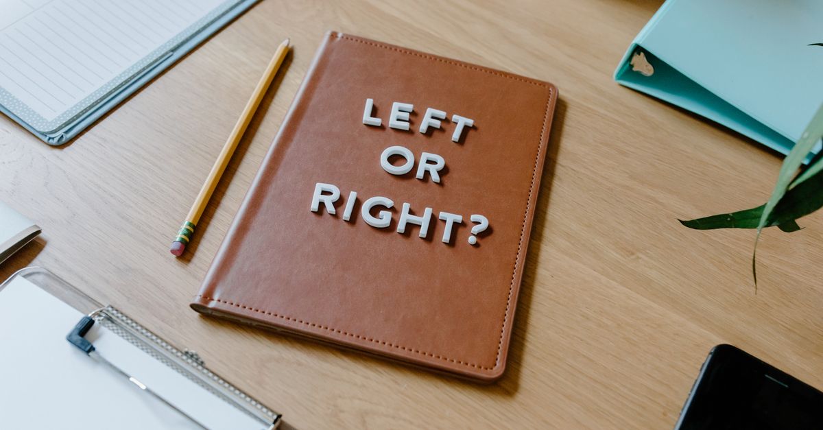 Top-down view of a desk with a notebook asking 'Left or Right?' and various office supplies.