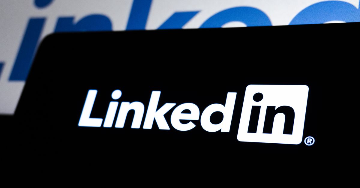 High contrast image of LinkedIn logo displayed prominently on a dark screen.