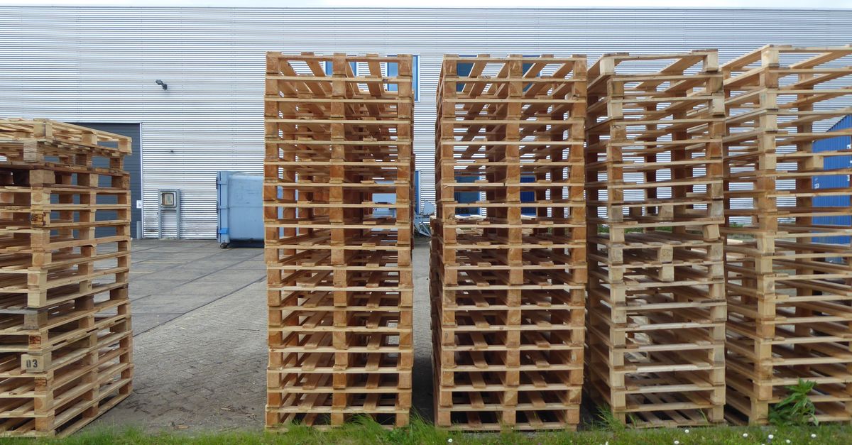 Rows of wooden pallets stacked outdoors near a warehouse, perfect for industrial and logistics themes.