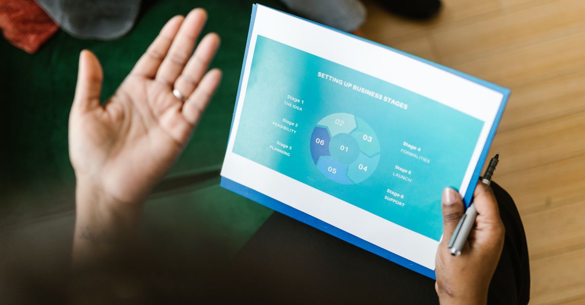 A close-up view of hands reviewing a business strategy report with graphs.