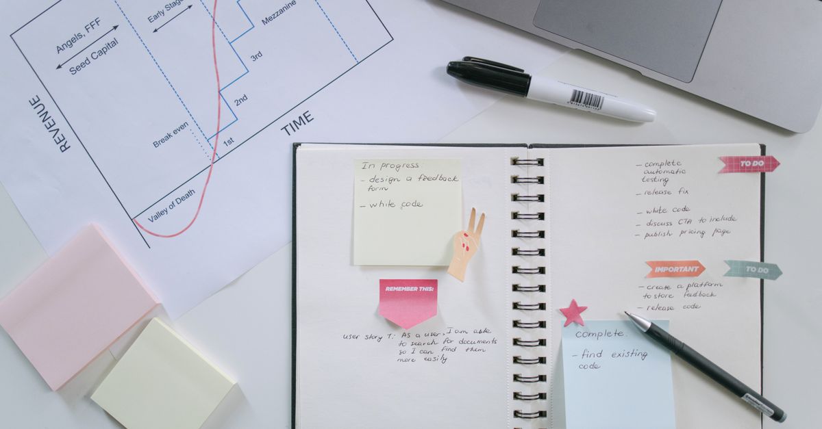 Flat lay of a workspace with an open notebook, sticky notes, planning chart, and laptop for productivity and organization.