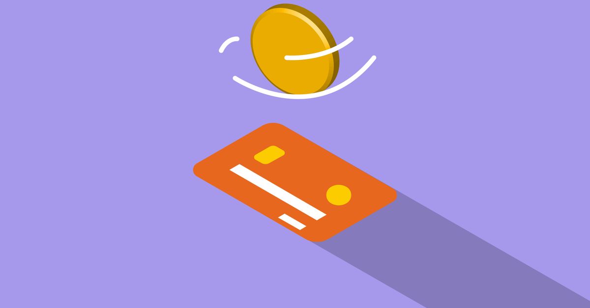 Creative graphic illustration of golden coin spinning above credit card on violet background