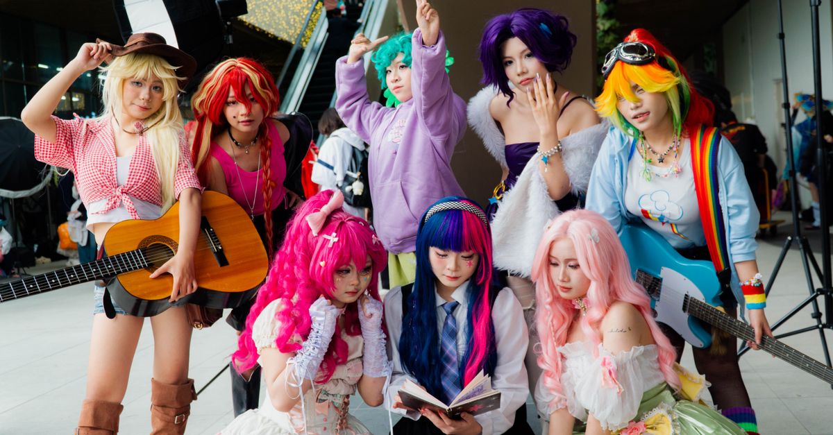 Vibrant group of cosplayers in anime costumes with musical instruments, showcasing diversity.