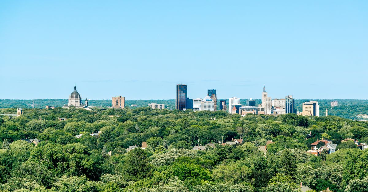 A panoramic view of Saint Paul's skyline standing behind a vast area of lush greenery under a clear blue sky.