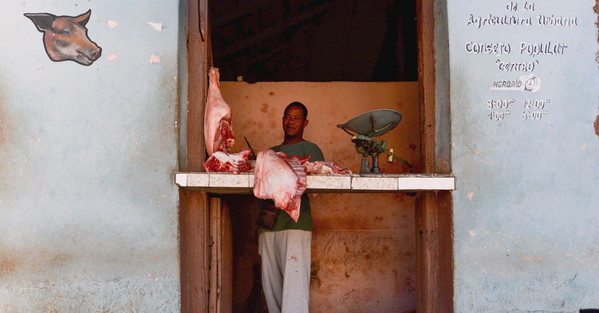 A traditional butcher shop displaying fresh meat cuts with a man at the counter.